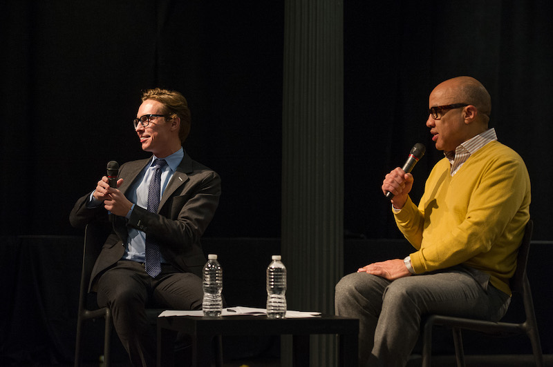 Lane Harwell and Darren Walker sitting in folding chairs talking to the audience